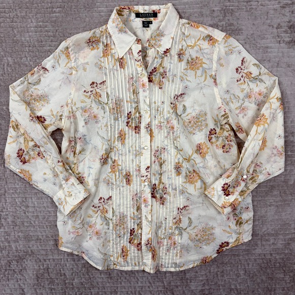 Lauren Ralph Lauren Tops - Lauren Ralph Lauren Floral Pintuck Cotton Button Down Shirt Cream Cottagecore M